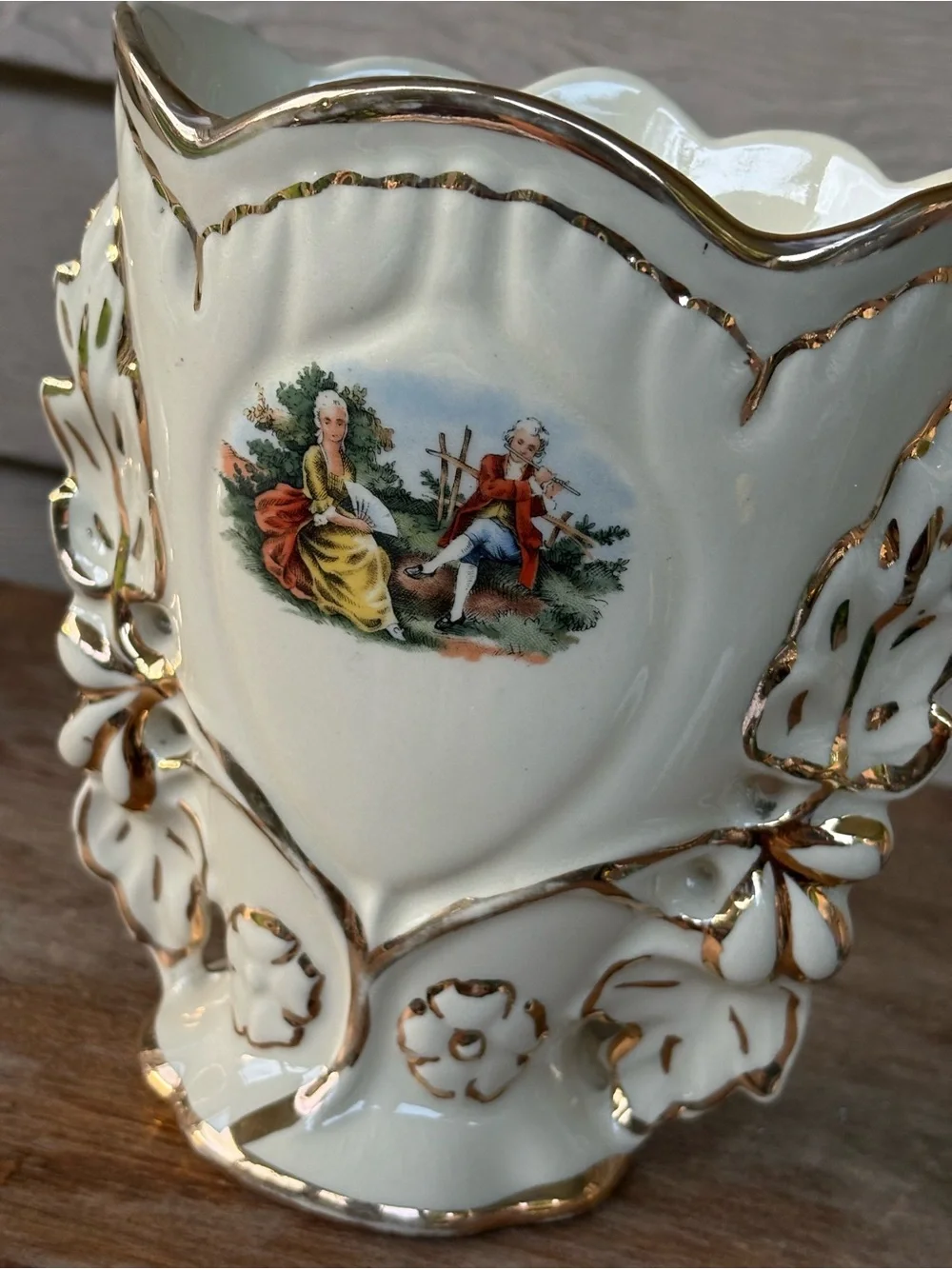 2 VTG Fleetwood China porcelain vases with a Victorian transfer scene, 22k gold